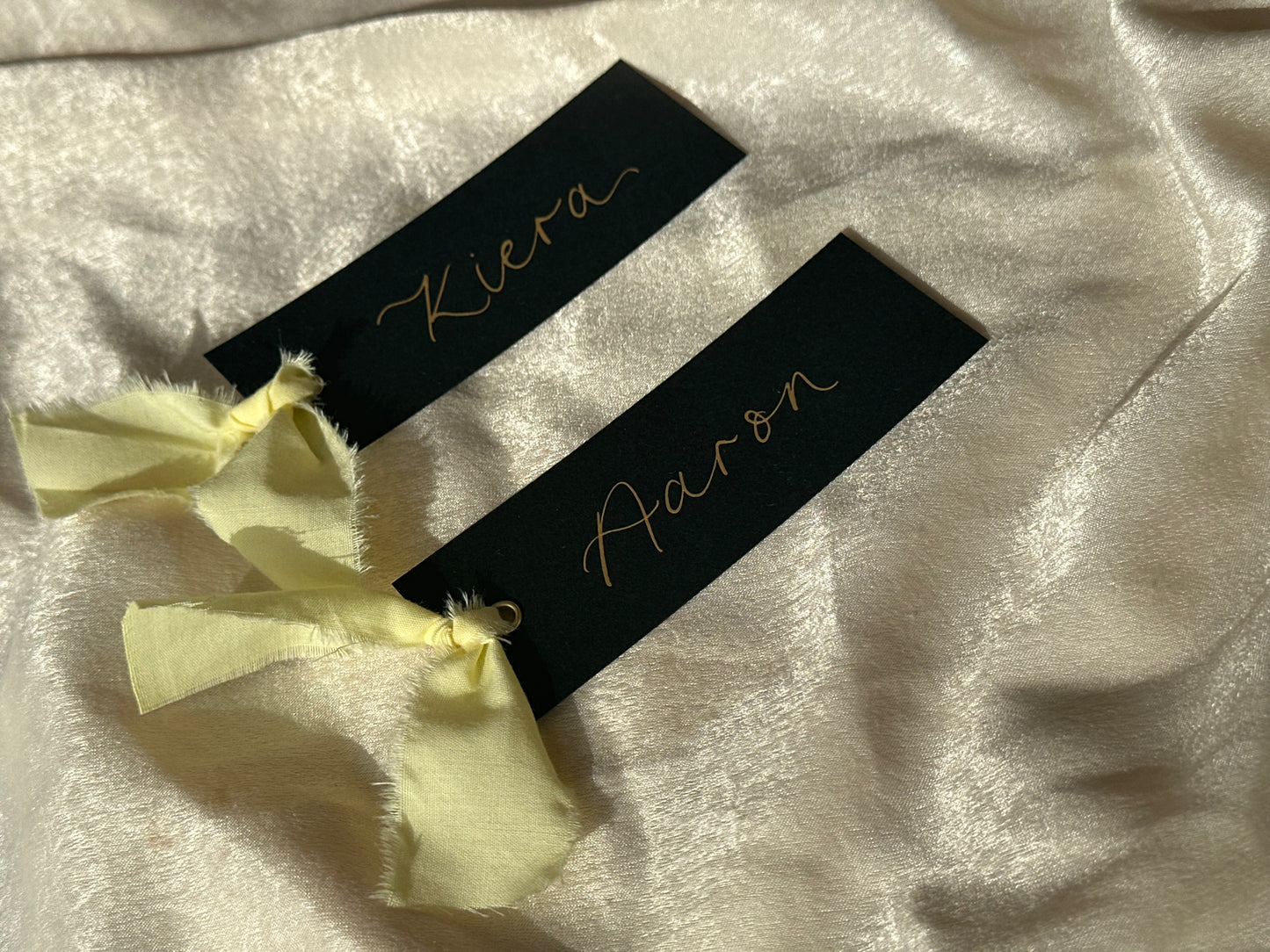 BLACK + BUTTER Linen Ribbon Calligraphy Place Name Card | Black Calligraphy Wedding Place Name Card | Gold or Silver Eyelet