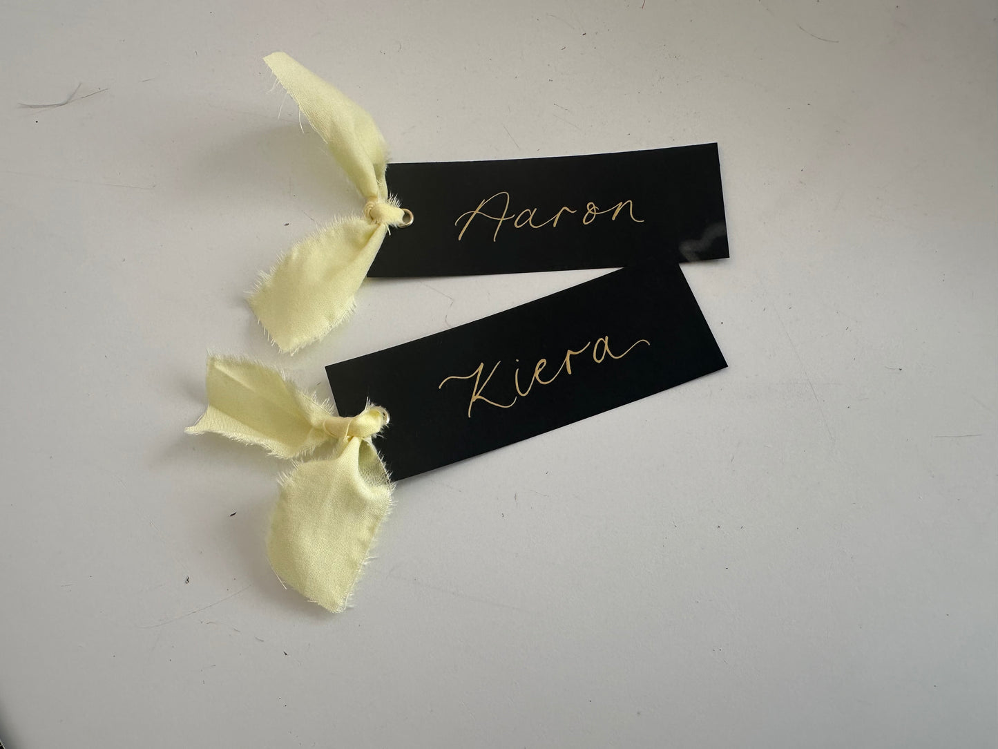 BLACK + BUTTER Linen Ribbon Calligraphy Place Name Card | Black Calligraphy Wedding Place Name Card | Gold or Silver Eyelet