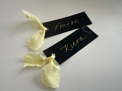 BLACK Ribbon Calligraphy Place Name Card | White Calligraphy Wedding Place Name Card | Gold or Silver Eyelet Place Card