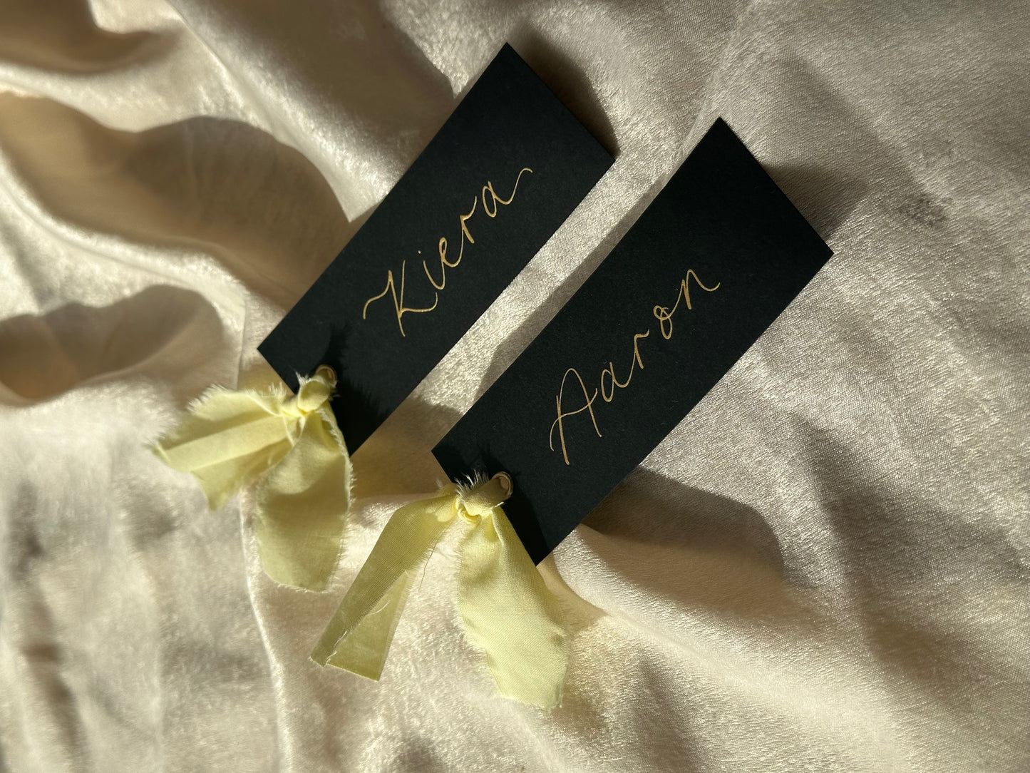 BLACK + BUTTER Linen Ribbon Calligraphy Place Name Card | Black Calligraphy Wedding Place Name Card | Gold or Silver Eyelet
