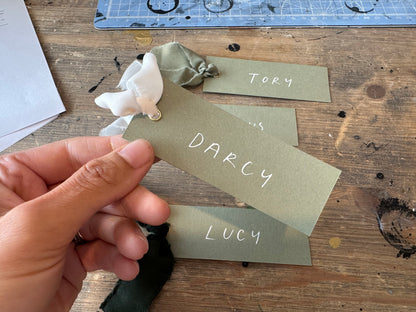 EUCALYPTUS Minimal Handwritten Ribbon Place Name Card | Block Capital Wedding Place Name Card | Gold or Silver Eyelet