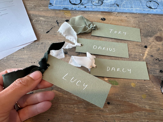EUCALYPTUS Minimal Handwritten Ribbon Place Name Card | Block Capital Wedding Place Name Card | Gold or Silver Eyelet