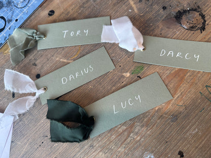 EUCALYPTUS Minimal Handwritten Ribbon Place Name Card | Block Capital Wedding Place Name Card | Gold or Silver Eyelet