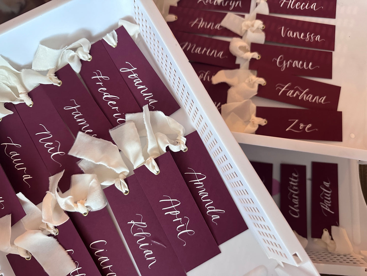 BURGUNDY + CHAMPAGNE Place Card Chiffon Ribbon | Calligraphy Wedding Place Name Card | Gold or Silver Eyelet