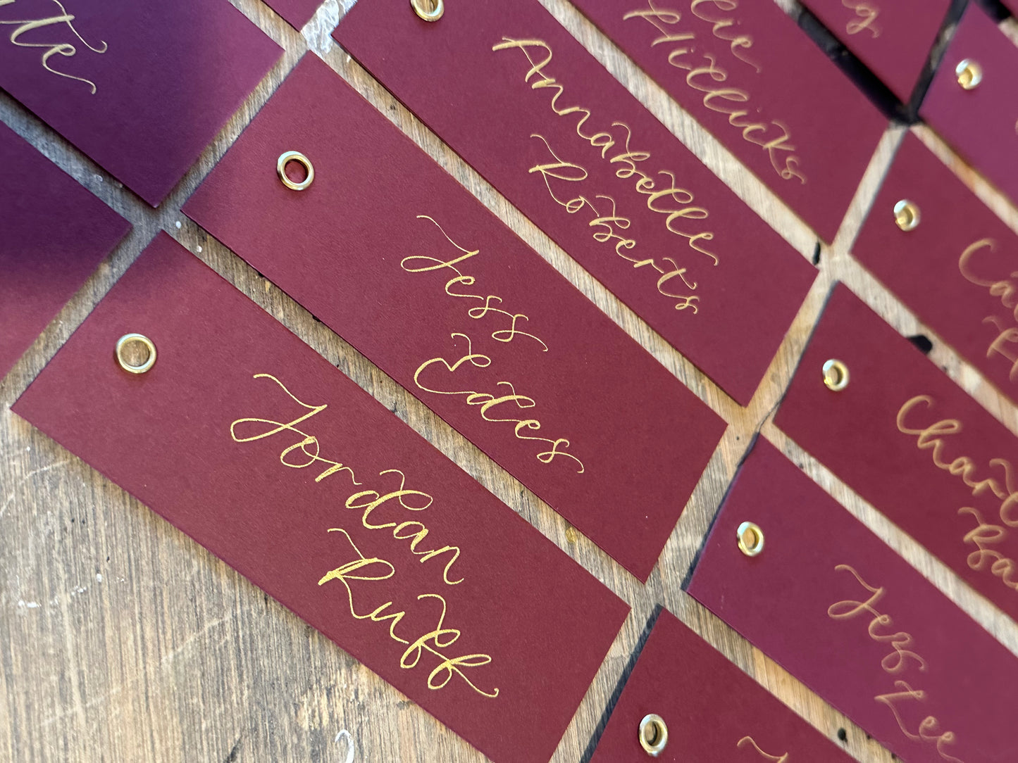 Burgundy Calligraphy Place Cards with Eyelet | DIY Add Your Own Ribbon Place Card