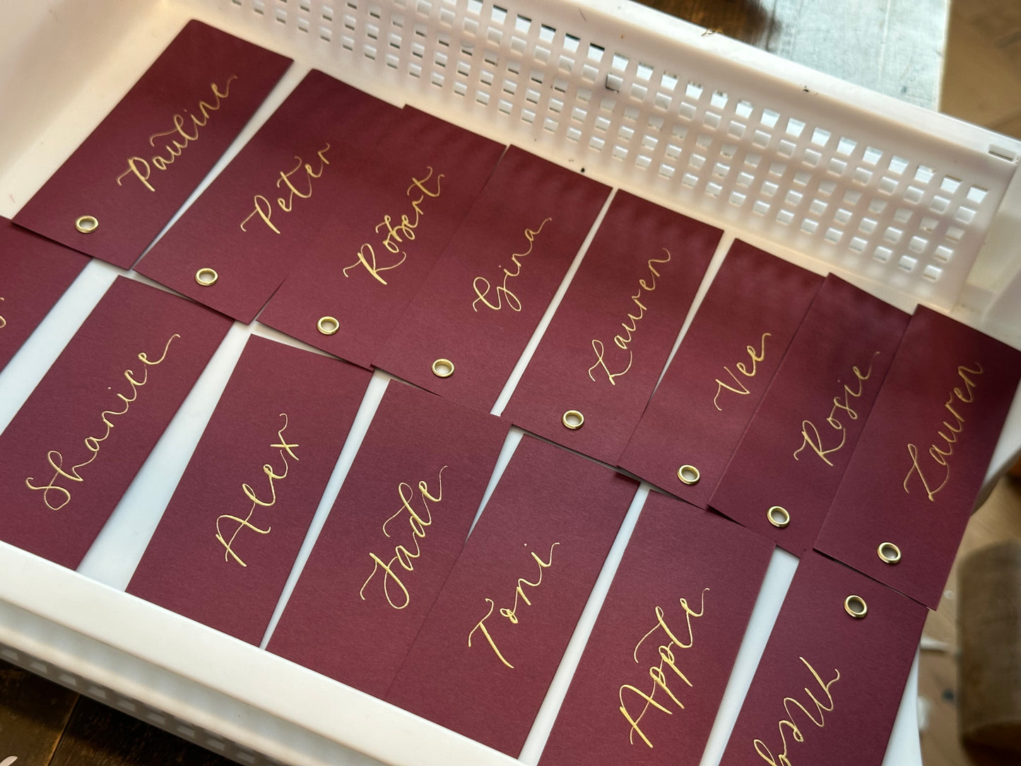 Burgundy Calligraphy Place Cards with Eyelet | DIY Add Your Own Ribbon Place Card