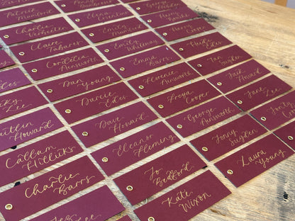 Burgundy Calligraphy Place Cards with Eyelet | DIY Add Your Own Ribbon Place Card
