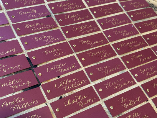 Burgundy Calligraphy Place Cards with Eyelet | DIY Add Your Own Ribbon Place Card