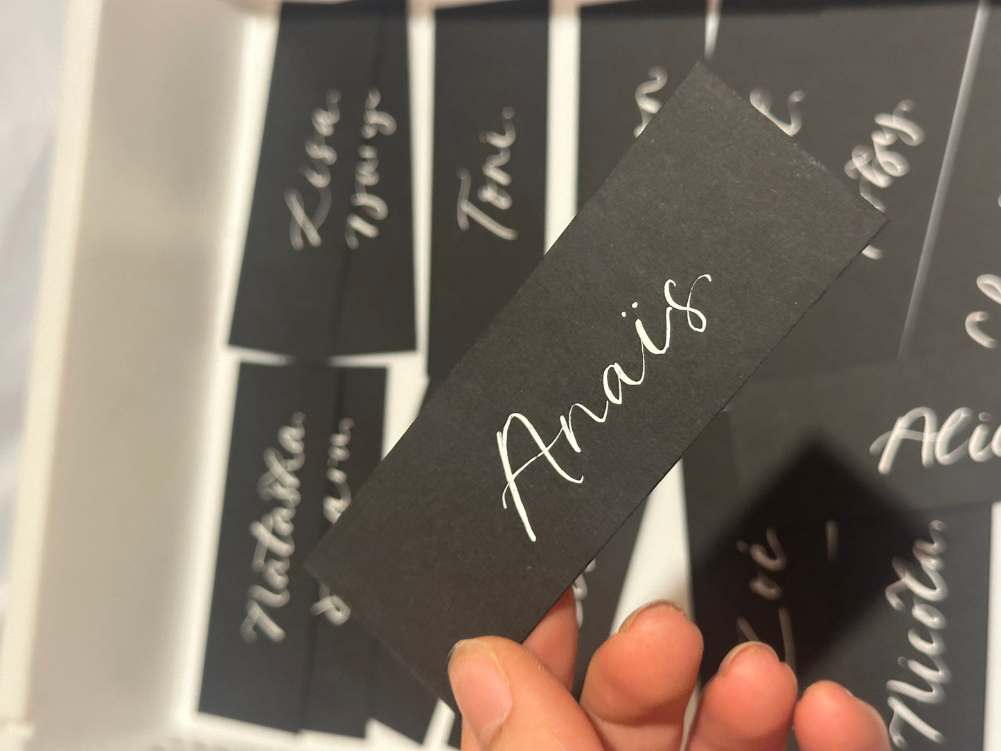 Black Flat Wedding Place Cards | Monochrome Calligraphy Place Cards