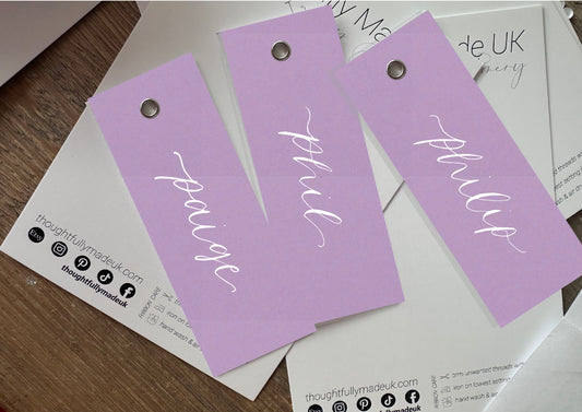 LAVENDER LILAC Calligraphy Place Name Card | DIY Add Own Ribbon Calligraphy Wedding Place Name Card | Gold or Silver Eyelet Place Card