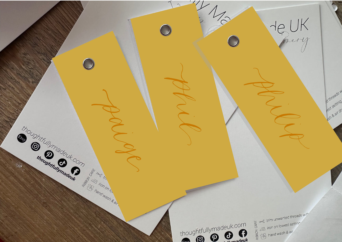 LEMON YELLOW Calligraphy Place Name Card | DIY Add Own Ribbon Calligraphy Wedding Place Name Card | Gold or Silver Eyelet Place Card