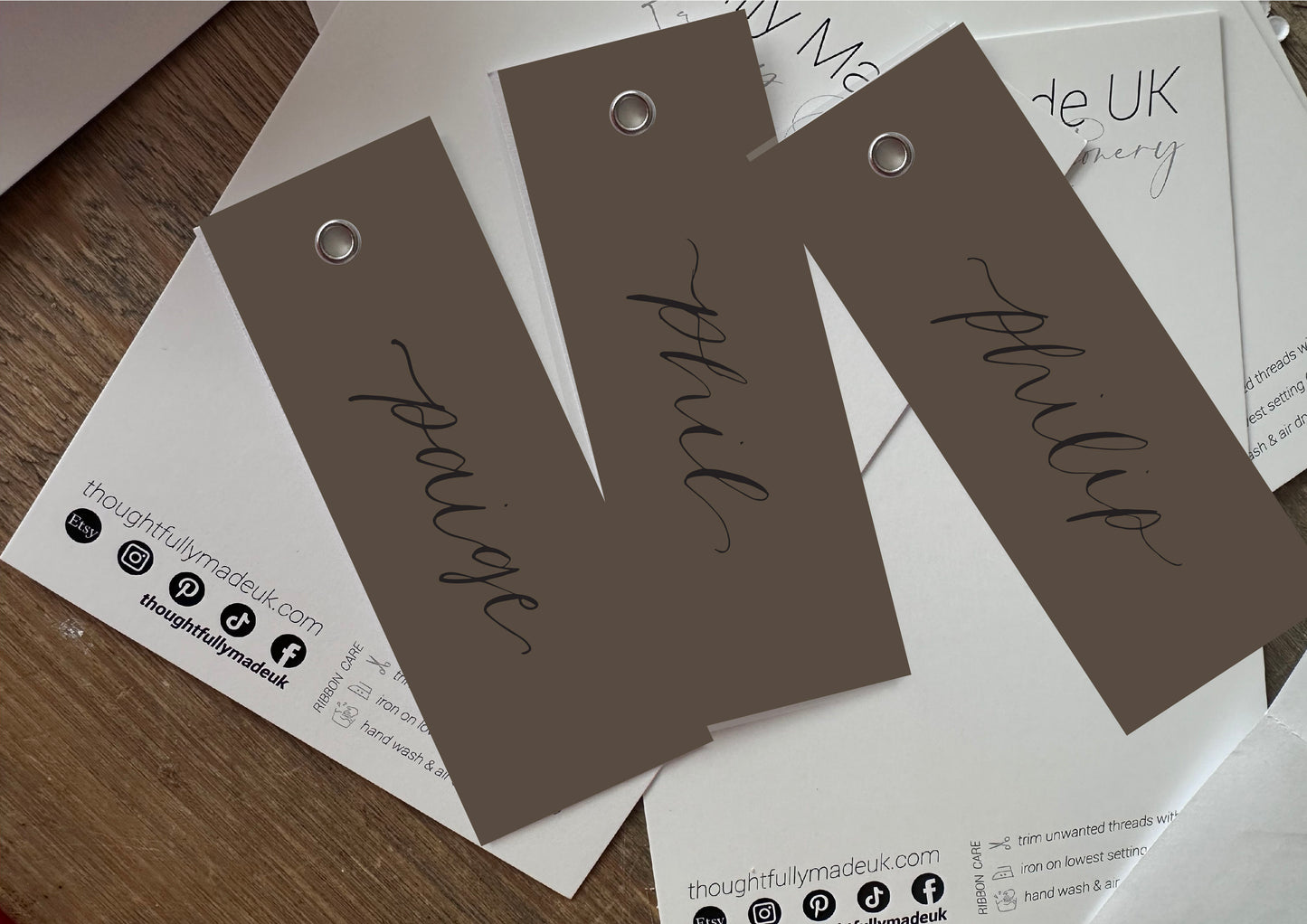 CHOCOLATE BROWN Calligraphy Place Name Card | DIY Add Own Ribbon Calligraphy Wedding Place Name Card | Gold or Silver Eyelet Place Card