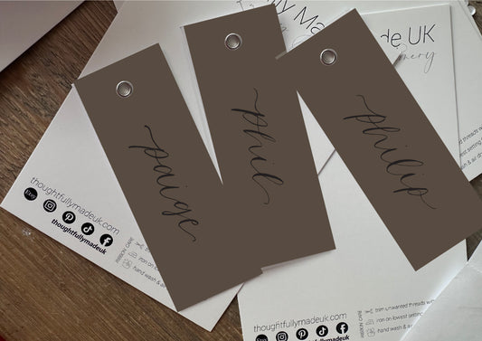 CHOCOLATE BROWN Calligraphy Place Name Card | DIY Add Own Ribbon Calligraphy Wedding Place Name Card | Gold or Silver Eyelet Place Card