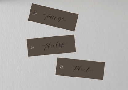 CHOCOLATE BROWN Calligraphy Place Name Card | DIY Add Own Ribbon Calligraphy Wedding Place Name Card | Gold or Silver Eyelet Place Card