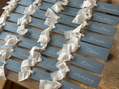 Dusky Blue Champagne Chiffon Wedding Place Cards with Ribbon | Calligraphy Place Cards