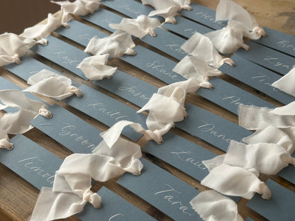 Dusky Blue Champagne Chiffon Wedding Place Cards with Ribbon | Calligraphy Place Cards