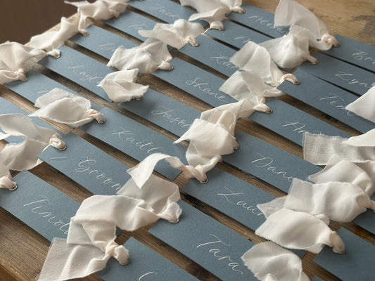 DUSKY BLUE + CHAMPAGNE Place Card Chiffon Ribbon | Calligraphy Wedding Place Name Card | Gold or Silver Eyelet