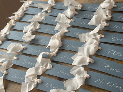 Dusky Blue Champagne Chiffon Wedding Place Cards with Ribbon | Calligraphy Place Cards