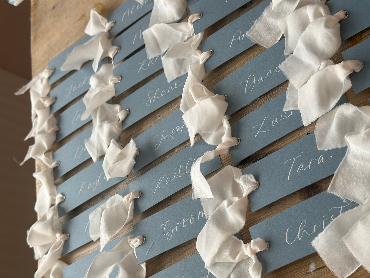 Dusky Blue Champagne Chiffon Wedding Place Cards with Ribbon | Calligraphy Place Cards