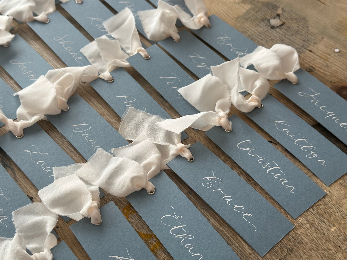 Dusky Blue Champagne Chiffon Wedding Place Cards with Ribbon | Calligraphy Place Cards