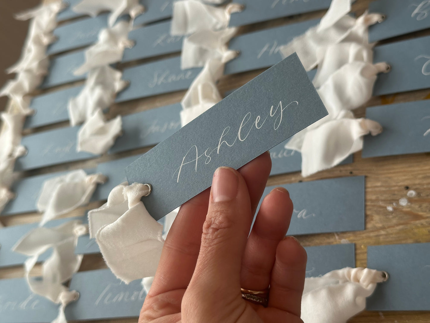 Dusky Blue Champagne Chiffon Wedding Place Cards with Ribbon | Calligraphy Place Cards