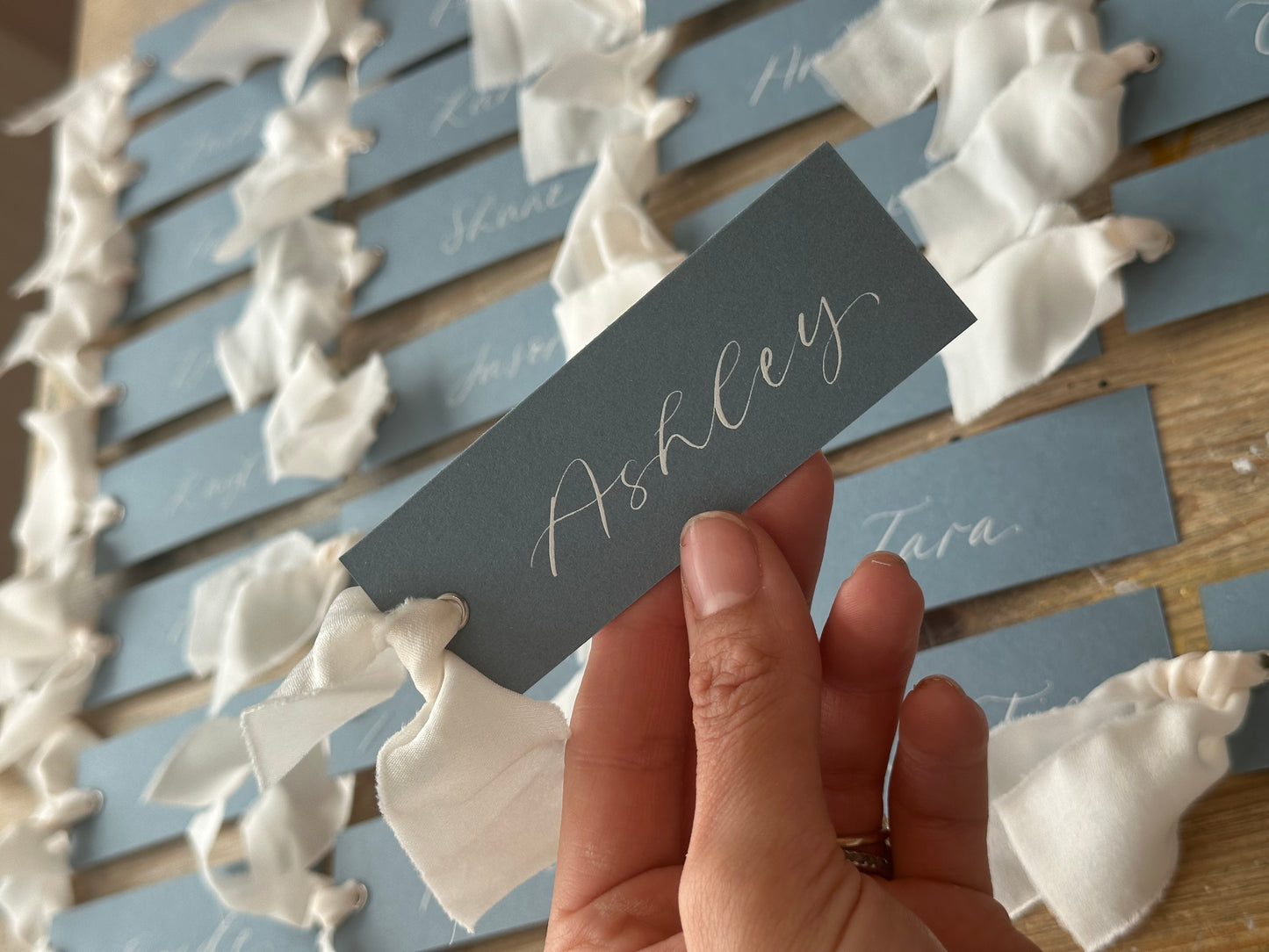 Dusky Blue Champagne Chiffon Wedding Place Cards with Ribbon | Calligraphy Place Cards