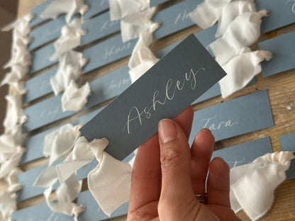 Dusky Blue Champagne Chiffon Wedding Place Cards with Ribbon | Calligraphy Place Cards