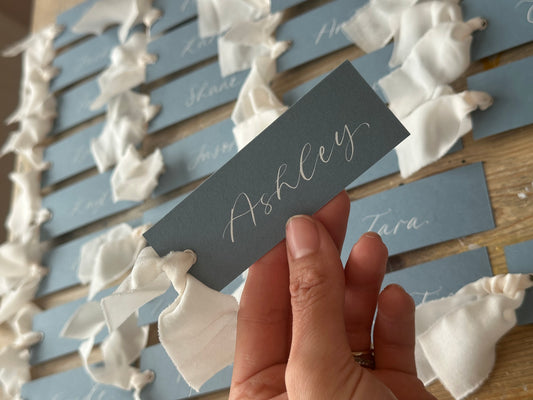 Dusky Blue Champagne Chiffon Wedding Place Cards with Ribbon | Calligraphy Place Cards