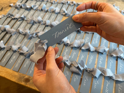 Dusky Blue Chiffon Wedding Place Cards with Ribbon | Calligraphy Place Cards