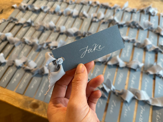 Dusky Blue Chiffon Wedding Place Cards with Ribbon | Calligraphy Place Cards