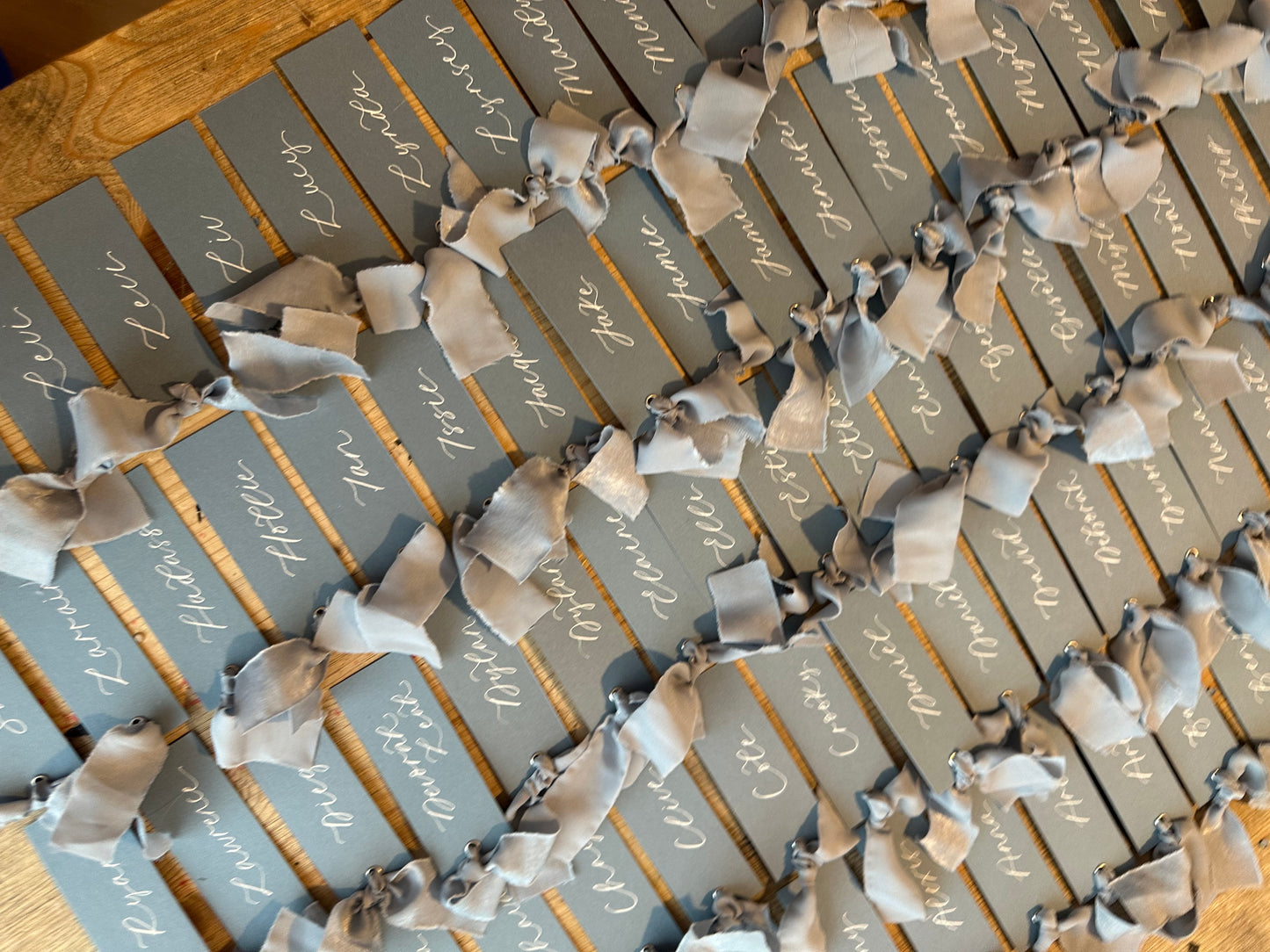 Dusky Blue Chiffon Wedding Place Cards with Ribbon | Calligraphy Place Cards