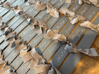 Dusky Blue Chiffon Wedding Place Cards with Ribbon | Calligraphy Place Cards