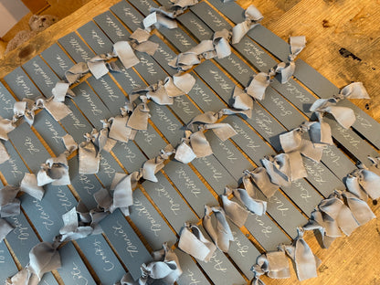 Dusky Blue Chiffon Wedding Place Cards with Ribbon | Calligraphy Place Cards