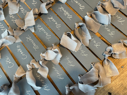Dusky Blue Chiffon Wedding Place Cards with Ribbon | Calligraphy Place Cards