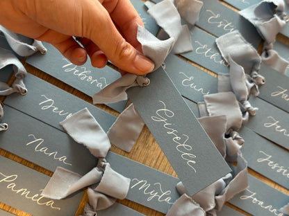 Dusky Blue Chiffon Wedding Place Cards with Ribbon | Calligraphy Place Cards