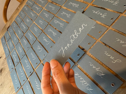Dusky Blue Calligraphy Place Cards with Eyelet | DIY Add Your Own Ribbon Place Card