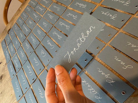 Dusky Blue Calligraphy Place Cards with Eyelet | DIY Add Your Own Ribbon Place Card