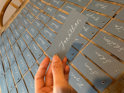 Dusky Blue Calligraphy Place Cards with Eyelet | DIY Add Your Own Ribbon Place Card