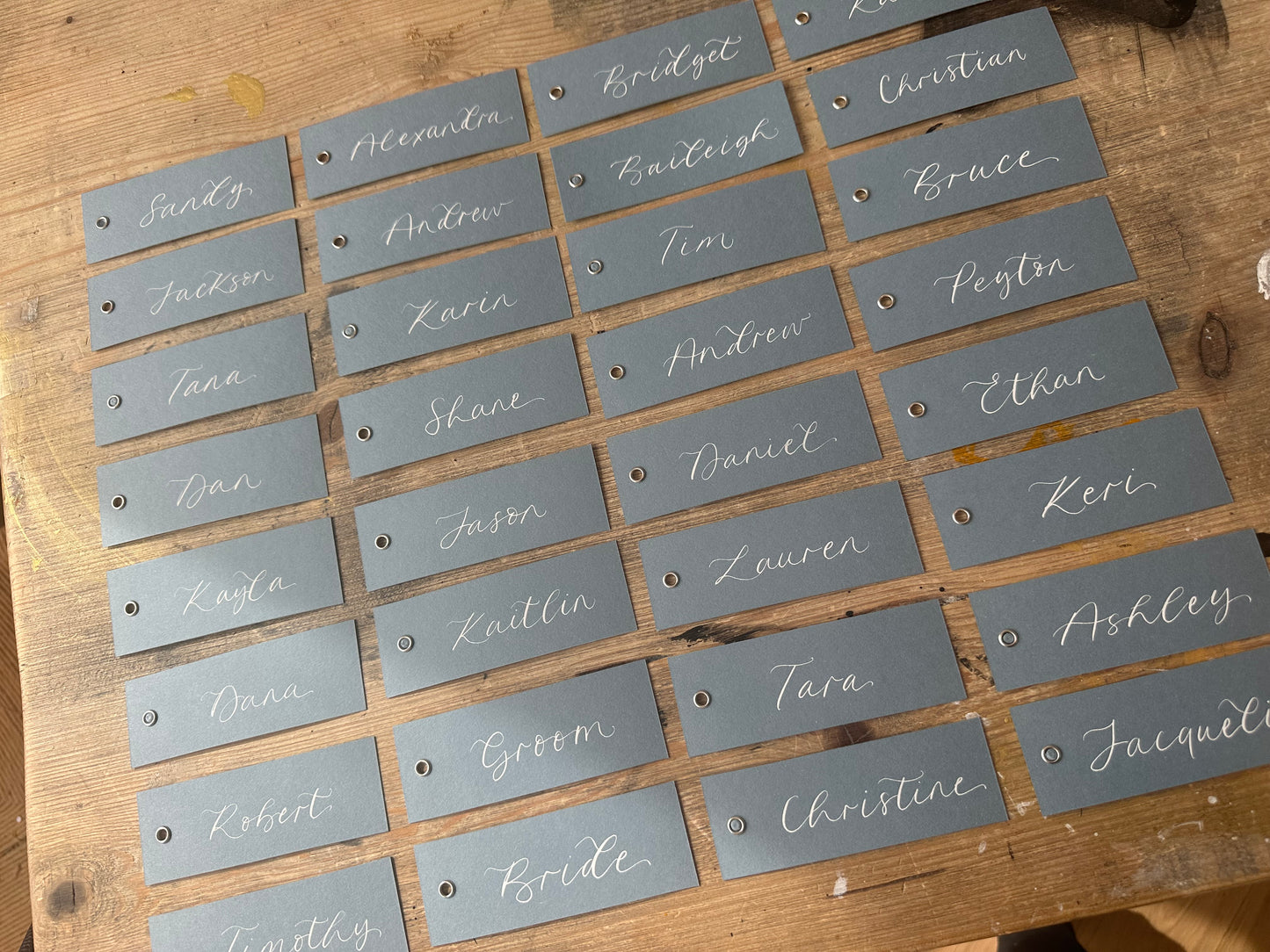 Dusky Blue Calligraphy Place Cards with Eyelet | DIY Add Your Own Ribbon Place Card