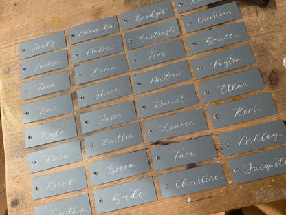 Dusky Blue Calligraphy Place Cards with Eyelet | DIY Add Your Own Ribbon Place Card