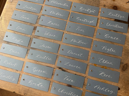 Dusky Blue Calligraphy Place Cards with Eyelet | DIY Add Your Own Ribbon Place Card