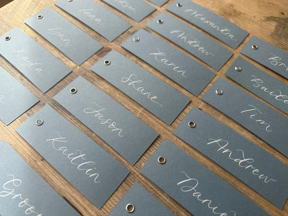 Dusky Blue Calligraphy Place Cards with Eyelet | DIY Add Your Own Ribbon Place Card