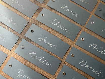 Dusky Blue Calligraphy Place Cards with Eyelet | DIY Add Your Own Ribbon Place Card