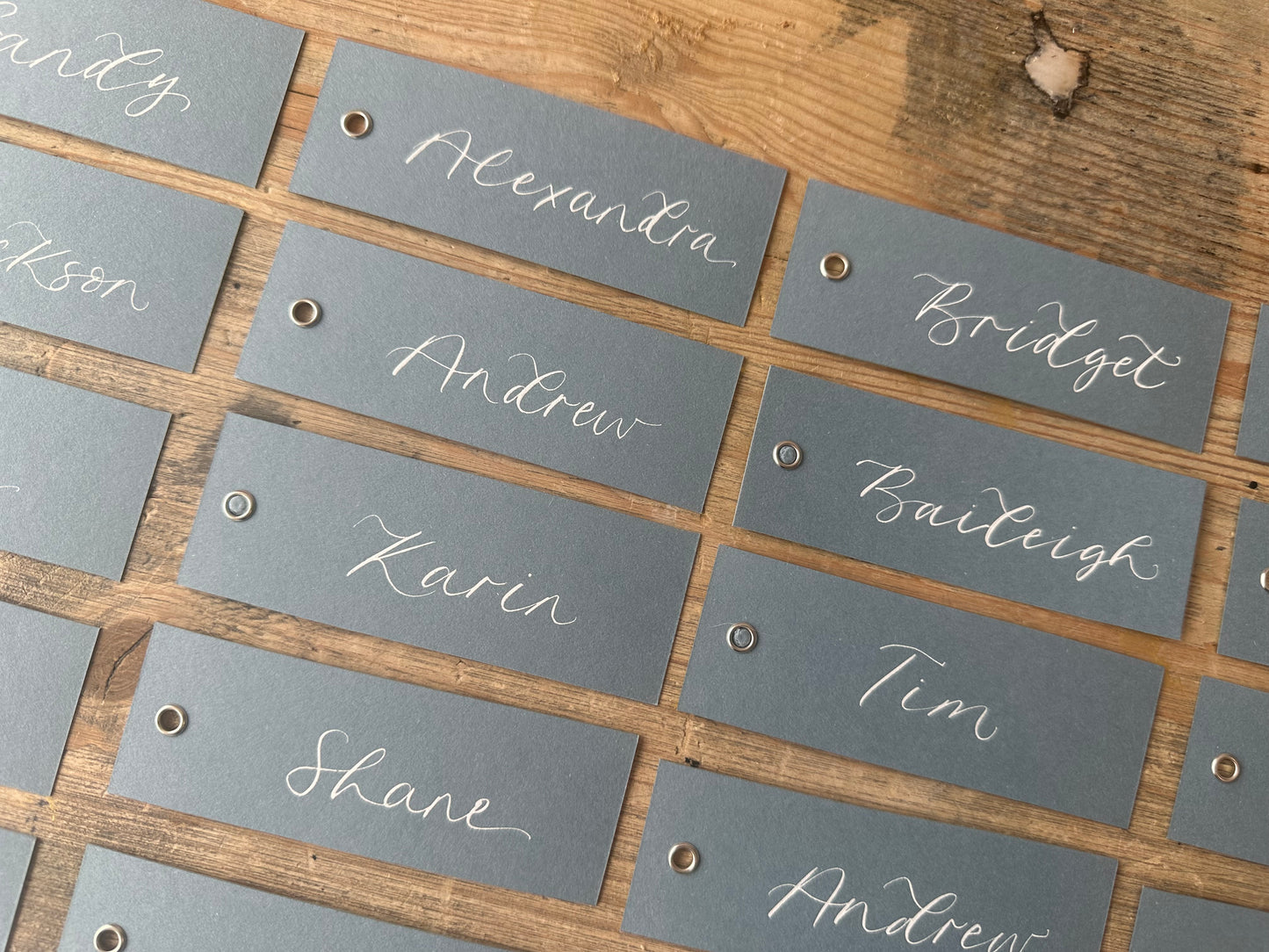 Dusky Blue Calligraphy Place Cards with Eyelet | DIY Add Your Own Ribbon Place Card
