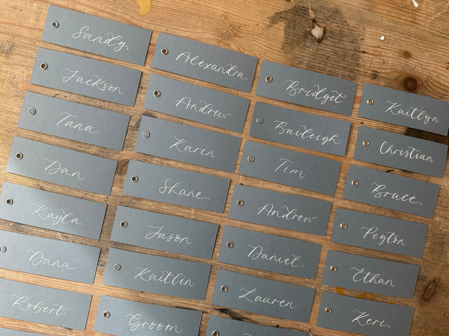 Dusky Blue Calligraphy Place Cards with Eyelet | DIY Add Your Own Ribbon Place Card