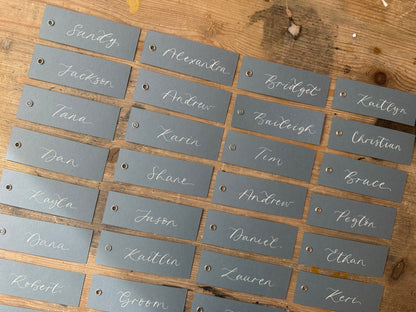 Dusky Blue Calligraphy Place Cards with Eyelet | DIY Add Your Own Ribbon Place Card