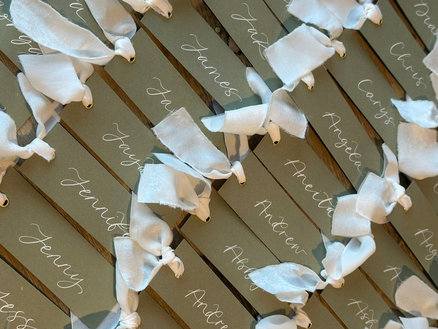 Eucalyptus Champagne Chiffon Wedding Place Cards with Ribbon | Monochrome Calligraphy Place Cards