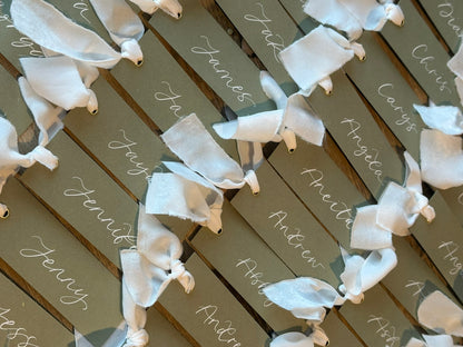 Eucalyptus Champagne Chiffon Wedding Place Cards with Ribbon | Monochrome Calligraphy Place Cards