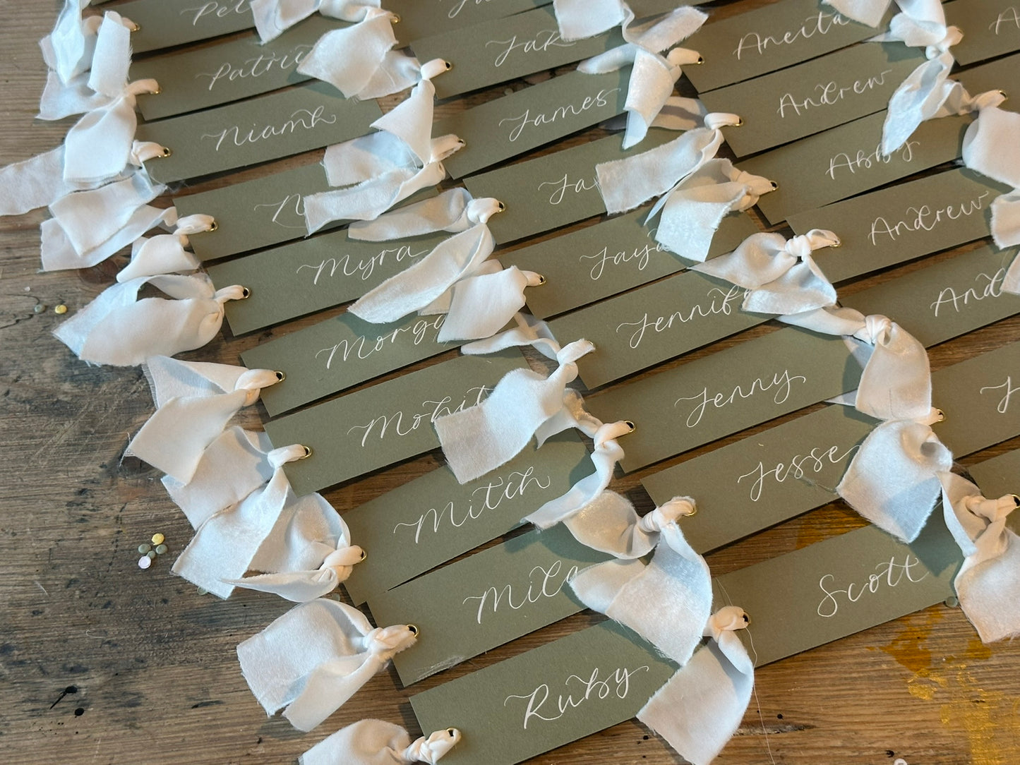 Eucalyptus Champagne Chiffon Wedding Place Cards with Ribbon | Monochrome Calligraphy Place Cards