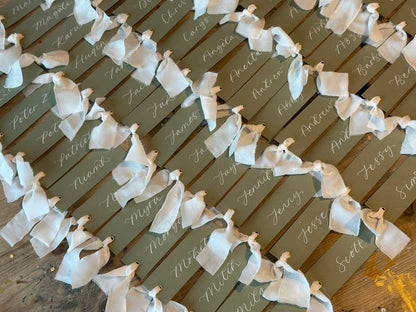 Eucalyptus Champagne Chiffon Wedding Place Cards with Ribbon | Monochrome Calligraphy Place Cards